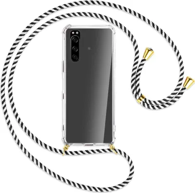 Produktbild von Handykette Backcover-Schutzhülle mit Band (Metall goldfarben) für Sony Xperia 5 III (XQBQ62G) - schwarz/weiß gestreift