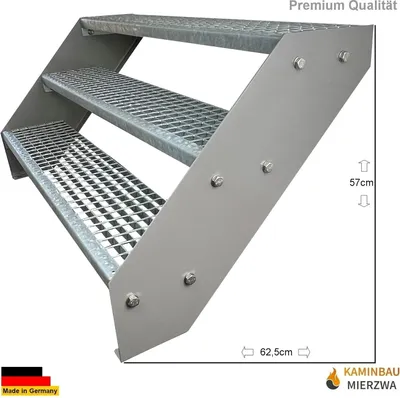 A three-step galvanized steel staircase with silver powder-coated side panels.