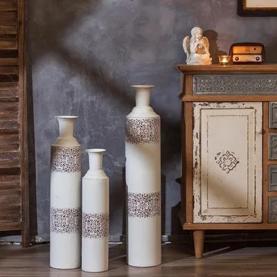 Immagine prodotto di Set di 3 grandi vasi bianchi vintage in metallo per il soggiorno e la camera da letto
