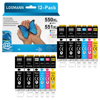 Immagine prodotto di Cartucce compatibili LOSMANN 550 551, compatibili con Canon PGI-550 CLI-551 per stampanti Pixma MX725, MX925, MX920, MG5650, MG5550, MG6650, iP7250, iX6850, iP7200, MG5400, MG6350, MG6450, MG5450, MG7150, MG7500 (confezione da 12)