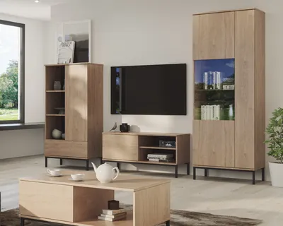 Produktbild von Wohnzimmerset Dallas IV, stilvolle komplette Systemmöbel für das Wohnzimmer, Vitrine, Standregal, TV-Schrank (Farbe: Hikora)