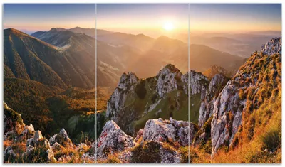 Produktbild von Wallario Herdabdeckplatte aus Glas, Größe 90 x 52 cm 3-teilig, Motiv Berglandschaft mit Sonnenuntergang in der Slowakei