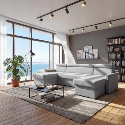 Produktbild von Sofiland Vega U Ecksofa U-Form mit Schlaffunktion & Bettkasten Samt 305 cm Hellgrau