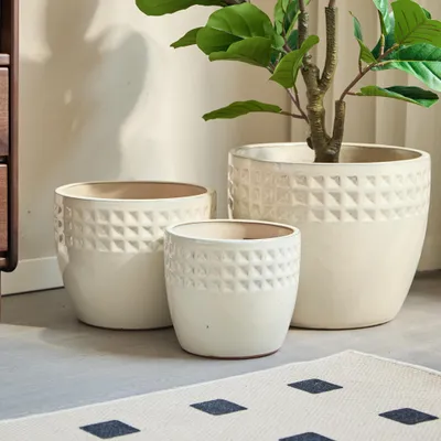 Image de Lot de 3 pots de fleurs en céramique faits main (Ø 38,1/30,5/22,9 cm), motif losange blanc, idéal pour les plantes succulentes, pour l'intérieur et l'extérieur