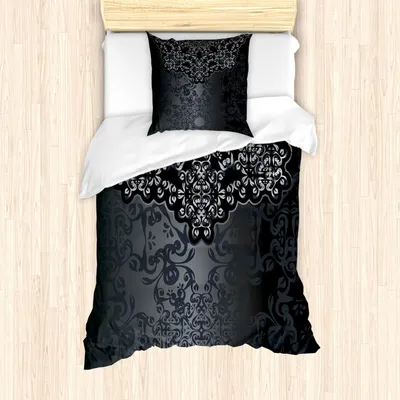 Produktbild von ABAKUHAUS Dunkelgrau Bettbezug Set, Vintage Damast inspirierte Verzierung viktorianische Wirbel Curlicues künstlerisch, 135 x 200 cm + 80 x 80 cm, Dimgrey Schwarz Braun