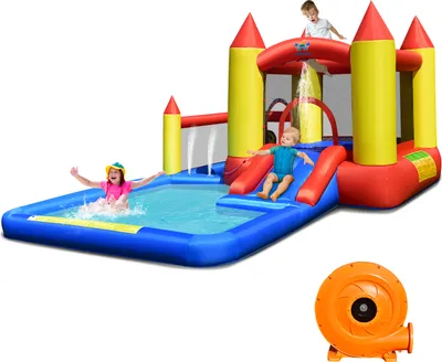 Produktbild von COSTWAY Nafukovací hrad s 480W dúchadlom, nafukovací hrad so šmykľavkou a bazénom, skákací hrad pre deti, skákací hrad vonku 400 x 280 x 195 cm