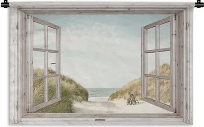 Produktbild von MuchoWow® Wandteppich Wandbehang Aussicht - Strand - Fahrrad 90x60 cm Tapisserie Dekoration Wandtuch - Wandskulpturen - Bildteppich