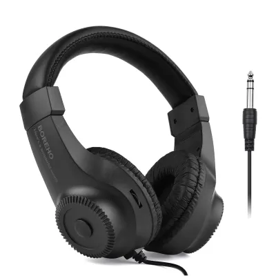 A pair of black wired stereo monitoring headphones with a 6.5mm jack is shown against a white background.