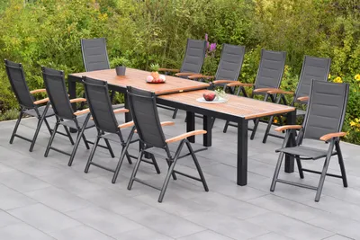 Obrázek produktu pro Sada zahradního nábytku Merxx Paxos, 11 dílů: 10 skládacích křesel, rozkládací stůl Flex o rozměrech 180 (180) x 100 (83) x 80 (74) cm – hliník/akácie/textil