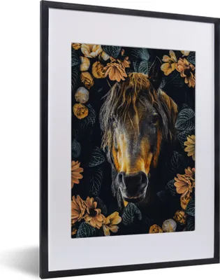 Produktbild von MuchoWow® MuchoWow® Gerahmtes Poster Pferd - Blumen - Orange 30x40 cm - Poster mit zchwarzem Bilderrahmen - Wandposter Schlafzimmer
