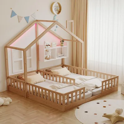 Image de Lit pour enfant 90 x 200 cm, lit-cabane avec éclairage LED, fenêtres et cheminée, barrière de sécurité, étagère et sommier à lattes, en bois massif, finition naturelle