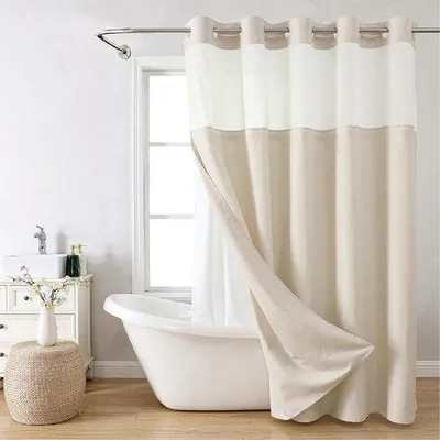 Produktbild von Duschvorhang aus Polyester mit Struktur ohne Haken und Klicksystem, Hoteldekoration, Duschvorhänge für das Badezimmer mit durchsichtigem Oberlicht, wasserfest und waschbar, 71Bx74H, cremefarben