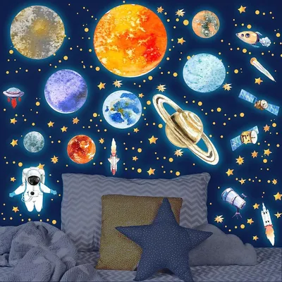 Productafbeelding van Muursticker - Lichtgevende stickers - 9 planeten - Sterren - Astronaut - Planeet - Wandtattoo - Lichtgevende sterren - Zonnestelsel - Fluorescerend