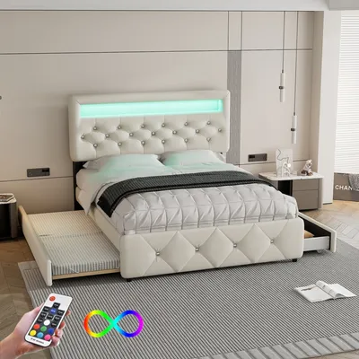 Produktbild von Odikalo Polsterbett Doppelbett Podestbett Ausziehbar LED Schubladen Beige 140/90x200