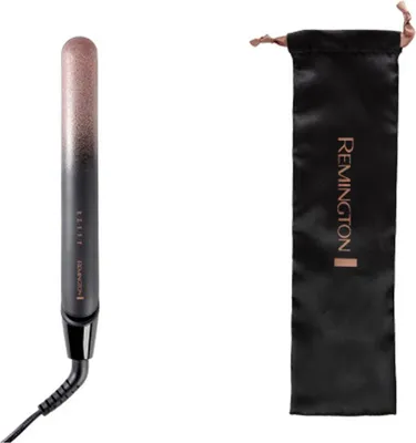 A hair straightener and its storage pouch are displayed against a white background.