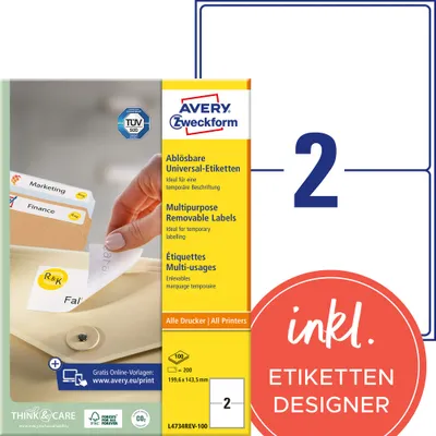 Produktbild von Avery Zweckform L4734REV-100 Universal-Etiketten, ablösbar, A4 199,6 x 143,5 mm, weiß