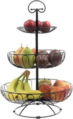 Produktbild von Unyqoos® Etagère Obstkorb aus Metall, 3‑stufig, Schwarz – platzsparend für Arbeitsfläche, Höhe 47 cm, max. Ø 30 cm, für Obst, Kuchen & Deko