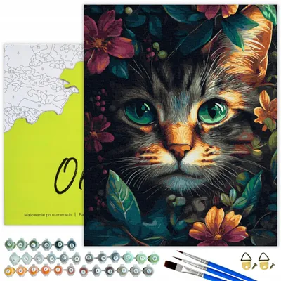 Produktbild von Oh Art! Malen nach Zahlen Tiere – Katze Blumen 50x40 cm – DIY Set Leinwand mit Rahmen, 28 Acrylfarben, 3 Pinseln und Zubehör – Erwachsene und Kinder