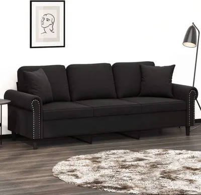 Produktbild von Design 3-Sitzer-Sofa mit Zierkissen Schwarz 180 cm Samt, Schlafsofas 2024 Neu