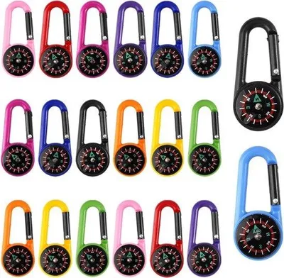 Image de Mini-compas avec mousqueton - Lot de 20 porte-clés compas, multicolores, 2-en-1. Mini-compas idéal pour les activités de plein air, les voyages, la randonnée et le camping