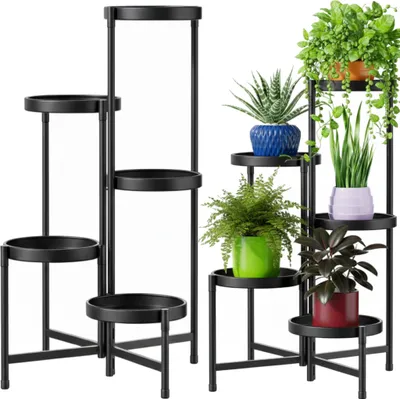 Obrázek produktu pro Květinový stojan z kovu na květiny, 5 úrovní, 80 cm, rohový, černý, loftový