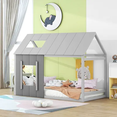 Produktbild von Kinderbett mit Lattenrost, 90x200 cm, Einzelbett, Hausbett inkl. Rausfallschutz, Jugendbett, Kiefer