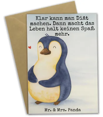 Produktbild von Mr. & Mrs. Panda Glückwunschkarte Pinguin Diät Design - Weiß - Geschenk, dankeskarten, Abnehmen, einladungskarten, Bierbauch, babykarte, hochzeitskarten, Selbstrespekt