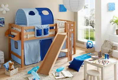 Produktbild von Podestbett mit Rutsche "Tino" Buche Natur Classic (Hellblau-Dunkelblau)