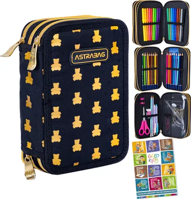 Produktbild von Federmäppchen 3 Fächer - Mäppchen für Mädchen und Jungen - Federmappe 3-Fach Federtasche Gefüllte Schüleretui 46-teilig - Schulmäppchen Teddybär