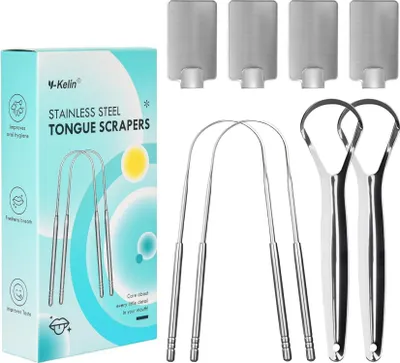 Image de lot de 4 gratte-langue en acier inoxydable - soins buccaux pour une haleine fraîche