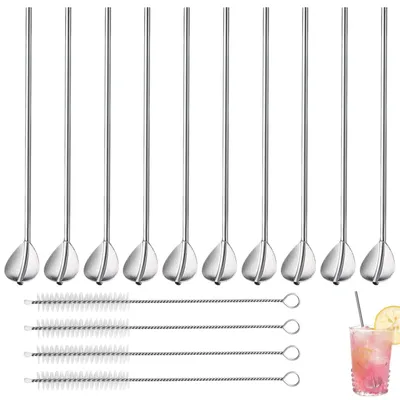 10er Set 2-in-1 Edelstahl-Trinkhalme mit Löffel, 18,5 cm
