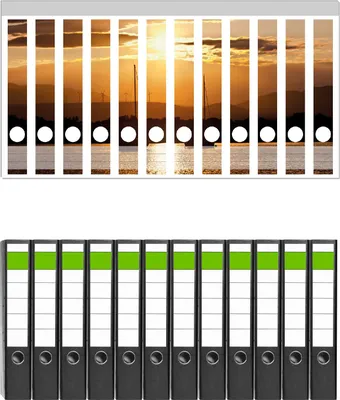 Produktbild von Wallario 12 Stück schmale Ordner inkl. Klebeetiketten mit Motive Schiffe in der Abenddämmerung auf dem Meer -  Set mit Rückenschildern / Ordnerrücken Stickern