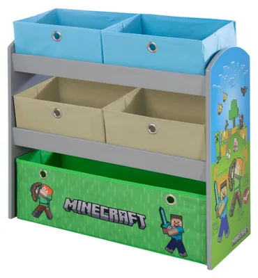 Obrázek produktu pro MINECRAFT - Hrací polička, regál na knihy, úložný regál s 5 látkovými boxy, dětský nábytek s barevným designem