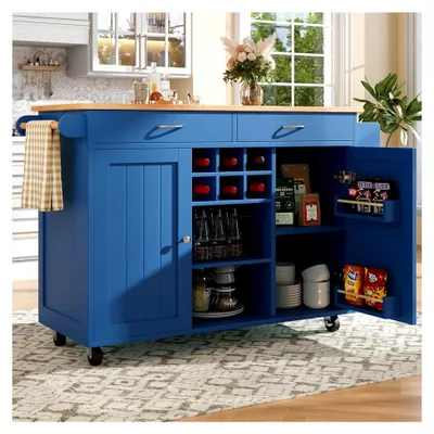 Produktbild von Küchenwagen mit klappbarer Arbeitsplatte, moderner Küchenschrank, Servierwagen mit Rollen, Esszimmerwagen mit Weinregal und verstellbaren Trennwänden, 102×45×92cm (Blau)