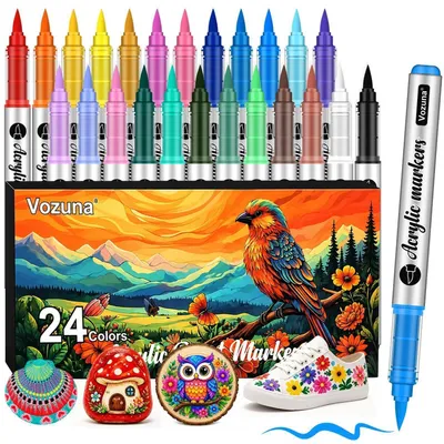 Produktbild von Acrylstifte Set Wasserfest 24 Farben Pinselspitze für Glas Porzellan Holz Leinwand Keramik Stoff Papier Schnelltrocknend Deckend