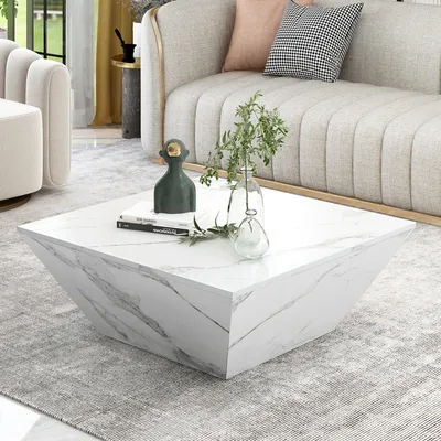Produktbild von okwish Moderner Couchtisch, Trapezförmiger weißer Marmorfurnier Couchtisch, Wohnzimmertisch 70*70*37cm