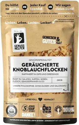 Produktbild von Knoblauchflocken, geräuchert, mit Buchenholz verfeinert, zum Kochen oder Einlegen, 50g