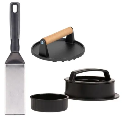 Immagine prodotto di Set per hamburger/smashburger di Cookinglife: pressa per hamburger in ghisa, pressa aggiuntiva e spatola per barbecue