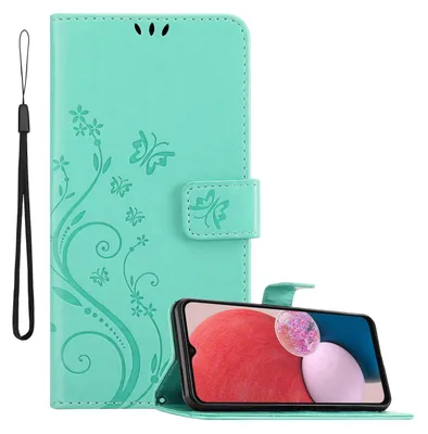 Produktbild von Cadorabo Hülle für Samsung Galaxy A13 4G in FLORAL TÜRKIS Schutzhülle im Blumen Design mit Magnetverschluss, Standfunktion und Kartenfächern Flip Case Flower Cover Etui Handy Klapp Hülle Book Tasche