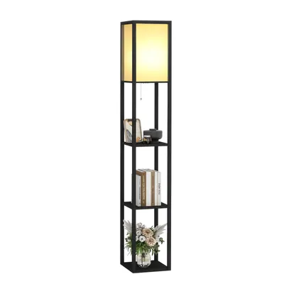 Productafbeelding van Puluomis, 3-laags staande lamp, vloerlamp, staande lamp, vloerlamp, E27 binnenverlichting voor slaapkamer, woonkamer, met houten plank, 160 cm, zwart