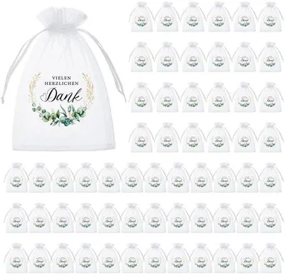 Produktbild von Organzakjes - 60 Stücke - Weiß mit Eukalyptusblattmuster
