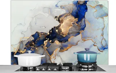 Produktbild von KitchenYeah®  Spritzschutz Küche - Küchenrückwand - Wandschutz für Herd und Spüle - Marmor - Blau - Gold 120x80 - Alu-Dibond (Alternative zum Spritzschutz aus Glas) - Hitzebeständig - Herdspritzschutz