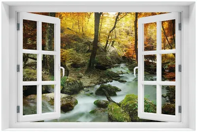 Produktbild von Wallario Premium Glasbild mit Fensterrahmen, freischwebende Optik, kräftige Farben, Größe 60 x 90 cm Motiv Wasserfall mit moosbedeckten Steinen im Herbstwald