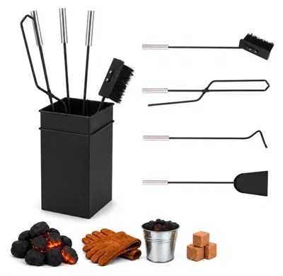 Produktbild von Relaxdays Kaminbesteck, 5-tlg. Set, Schürhaken, Ascheschaufel, Besen, Zange & Ständer, Eisen, Kamingarnitur, schwarz, KI-generiertes Bild
