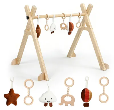Produktbild von Relaxdays Spielbogen Holz, 6 abnehmbare Anhänger, HBT: 55 x 68 x 59,5 cm, Motorik fördern, Baby Gym, Spieltrapez, natur