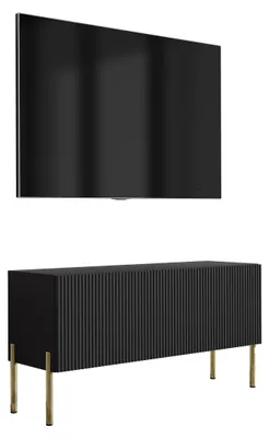 Image de Meuble TV avec façade rainurée, noir mat, pieds droits dorés, 100 × 32 × 52 cm