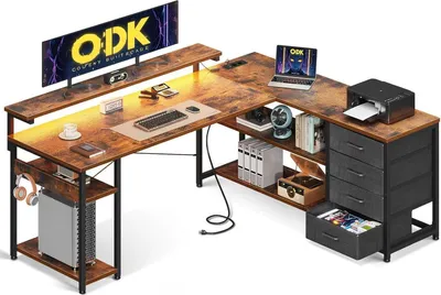 Immagine prodotto di Scrivania ODK con cassetti e porte USB, scrivania a L LED per ufficio 155×110 cm marrone vintage