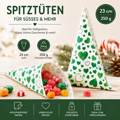 Produktbild von Spitztüten, Grüne Herzen, PGV, 23 cm / 250 g, 1000 Stück