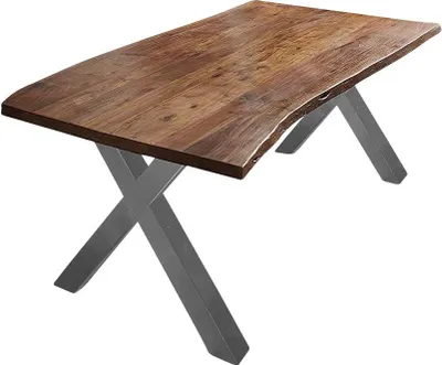 Produktbild von Esszimmertisch 160x85 cm Xanten, Baumkantentisch nussbaumfarben, Akazienholz massiv, X-Gestell aus Metall Silber