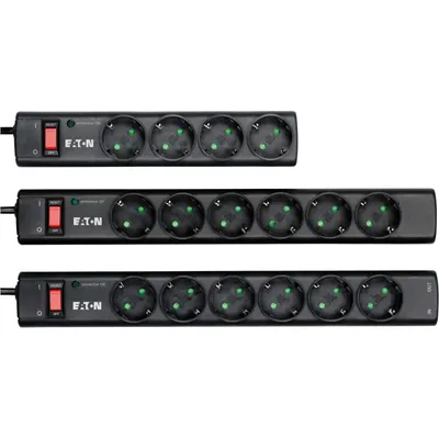 Three black power strips with multiple outlets are arranged horizontally against a white background.